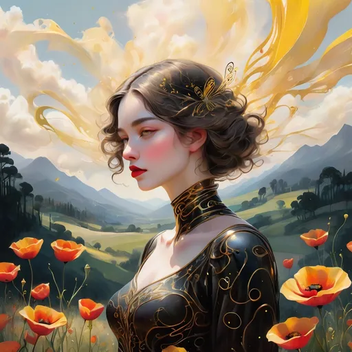 Prompt: A woman made of intricate, swirling yellow and black lines resembling a bee, with curves accentuated by delicate, golden ornamentation, and a bright, poppy-red lip color with yellow specks that adds a pop of vibrant contrast. She stands amidst a dreamy, ethereal landscape with soft, feathery clouds and rolling hills, a subtle, peachy glow emanating from the horizon. The atmosphere is filled with delicate, swooping brushstrokes reminiscent of John Singer Sargent's expressive Impressionism, intermingled with the fantastical, symbolic world-building of James Gurney's surreal landscapes, and the lush, botanical textures found in the art of Audra Auclair, digital artist. Her style is infused with the soft, abstracted environments of Ash Thorp's dreamlike futurescapes, bringing a sense of weightlessness to the scene, while maintaining a classical beauty within its ethereal forms.