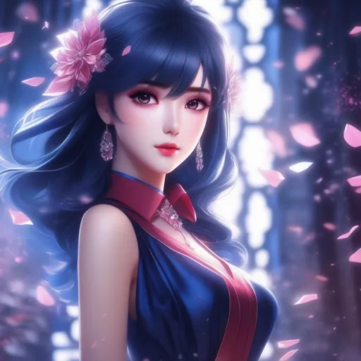 Prompt: 3d anime woman  dark blue hair with crimson eyes and a sparkling light pink dress and beautiful pretty art 4k full HD