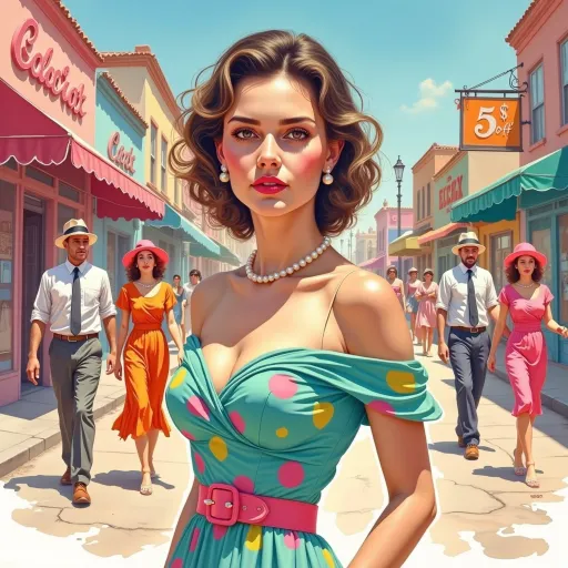 Prompt: This is a highly detailed, digital illustration in a vibrant, retro style, reminiscent of mid-20th century fashion. The central figure is a strikingly beautiful woman with fair skin and classic 1950s pin-up features. She has dark brown, wavy hair styled in voluminous, retro curls. Her makeup is dramatic, with bright pink blush, red lipstick, and dark eyeliner. She wears a teal, off-the-shoulder dress with a sweetheart neckline, adorned with large, colorful polka dots in pink, yellow, and orange. A pink belt cinches her waist, accentuating her hourglass figure. She also wears a pearl necklace and matching pearl earrings.

The background depicts a lively street scene with several people walking. To the left, a man in a white shirt, black tie, and gray pants, wearing a white fedora, walks past a woman in an orange dress and matching hat. To the right, a man in a white shirt and dark pants, also with a white fedora, walks with a woman in a pink dress. The street is lined with colorful storefronts, including a visible sign for "5$ Off" in bright orange and white. The sky is clear and blue, suggesting a sunny day. The overall image is rich in color and detail, capturing the vibrant, nostalgic essence of a 1950s urban setting.
