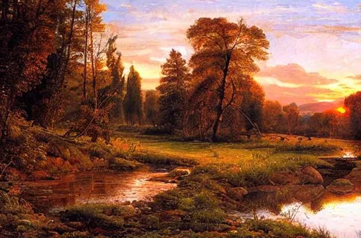 Prompt: landscape with stream, sunset, beautiful artwork by ivan shishkin