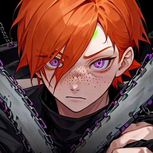 Prompt: Erikku male adult (short ginger hair, freckles, right eye blue left eye purple) 8K, Highly detailed, insane detail, best quality, high quality, holding a chain saw