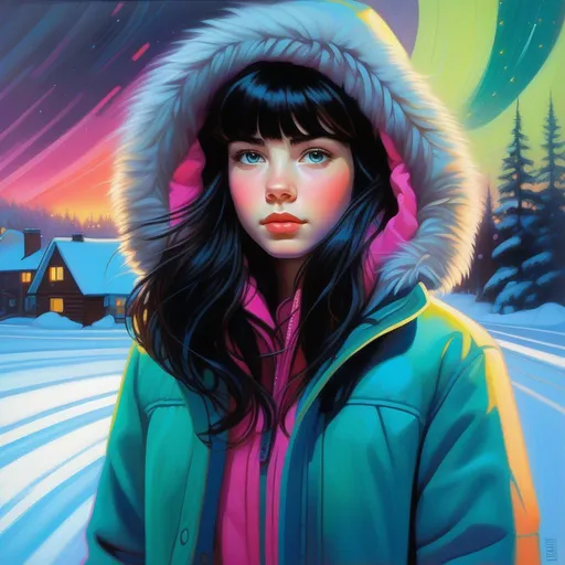 Prompt: Facial portrait of a 13 years old girl, pale skin, black hair, bangs, dark brown eyes, snowstorm, wind, aurora borealis, urban setting, neon, stylized font, cartoony style, extremely detailed painting by Greg Rutkowski and by Henry Justice Ford and by Steve Henderson
