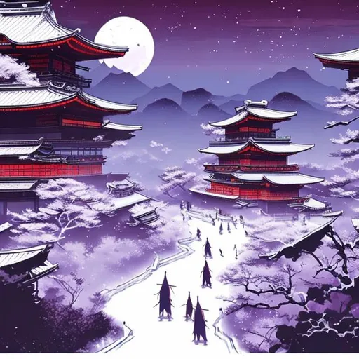 Prompt: Actient samurai traing ground with a very detailed purple moon and snow biome