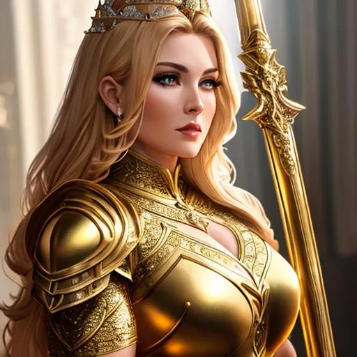 Prompt: Woman, stunning, gorgeous, curve, muscular, strong, fit, queen, paladin, wearing a golden armor, holding a divine sword in hand fantasy, UHD, 8k, high quality, ultra quality, perfect composition, trending art, trending on artstation, sharp focus, studio photo, intricate details, cinematic lighting, special effects, hyper realism, hyper realistic, Very detailed, high detailed face, high detailed eyes, oil painting, full body, portrait