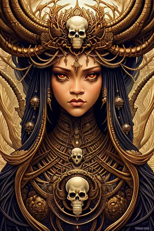 Prompt: symmetrical + ((rihanna)) + medium close up + sharpen details + fine detail + fine sharpen intricate lines of rendering + laced + kali + skulls + skeleton + intricate + A Hydra standing in the garage,  hr giger, dark art by james jean, takato yamamoto, muted colors inspired by baptiste monge