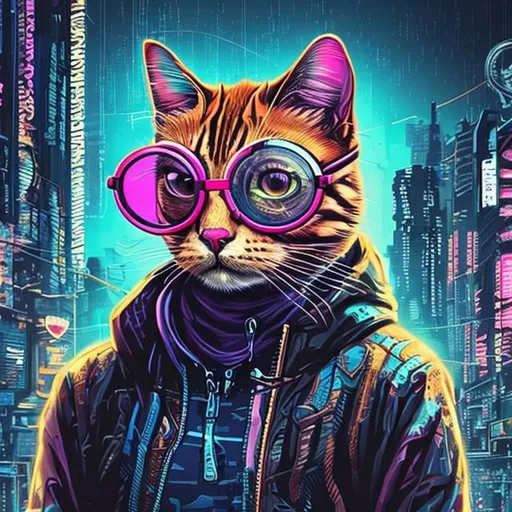 Prompt: colorful cyberpunk cat with  modern glasses 