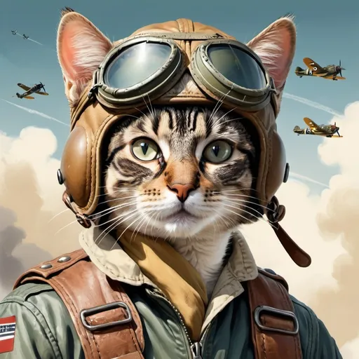 Prompt: cat wwii aviator, illustration