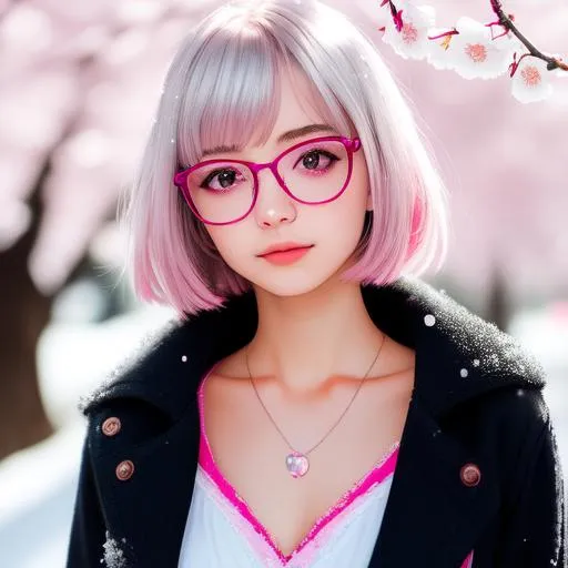 Prompt: 18 years old cute and beautiful girl, hi res, photography, wearing glasses, realistic, high details, facial details, messy stray hair bob fringe pink and silver, slim body, f-cup size,  snowry winter cherry blossoms, hyperdetail, 4k, 8k, sunny day, pastel soild and sharp colour, backlit, facial expression, chest visible, smooth pale white skin, skin texture