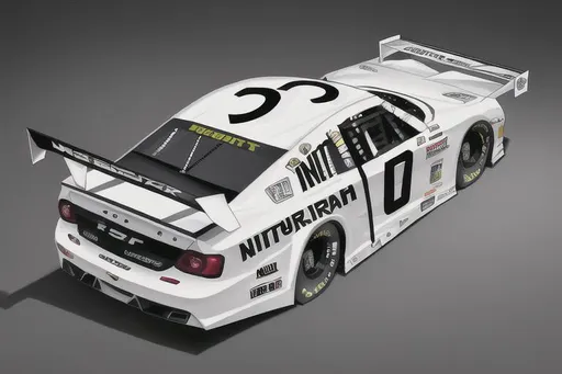 Prompt: No wing, Next Gen Nascar stock car, spoiler on trunk, sponsored by OpenArt, white and dark grey color scheme