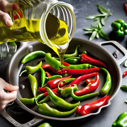 Prompt: olive oil is poured into a pan full of green and red peppers