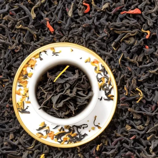 Prompt: black tea with golden tips mixed with white tea and red tea leaves beauty image