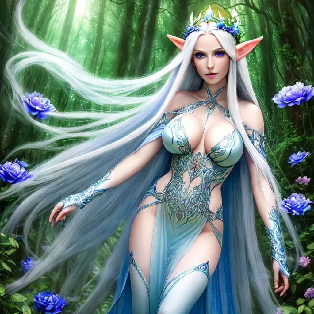 Prompt: High-resolution hyper realistic painting of a beautiful elf woman with long straight silver hair and clear-blue eyes, tight and thin clothes, two pointed ears, wearing flowers crown, fairy myths forest background, two arms, closeup face, detailed painting 