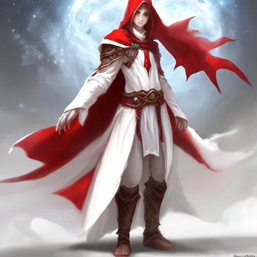 Prompt: Fantasy. human. white mage. long white and red robes. healer.  friendly