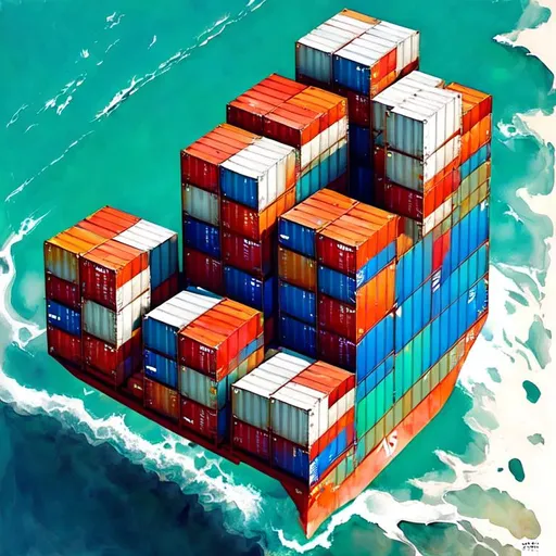 Prompt: An aerial view of several 40ft high cube open side with 4 doors containers stacked up in transit on a large cargo ship, lit by bright sunlight reflecting off the ocean surface below them. The image should have crisp details that convey both power and stability, while giving viewers an appreciation for the global reach and reach of ADR8 USA's services.