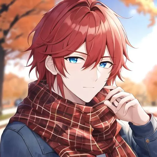 Prompt: Zerif 1male (Red side-swept hair covering his right eye, blue eyes), highly detailed face, wearing a cozy flannel shirt and a pair of stylish jeans. In the park, fall.  wearing a scarf, looking up at the sky, in a pumpkin patch, adult. Handsome,  detailed, UHD, HD, 4K, highly detailed, red haze, masculine, anime style