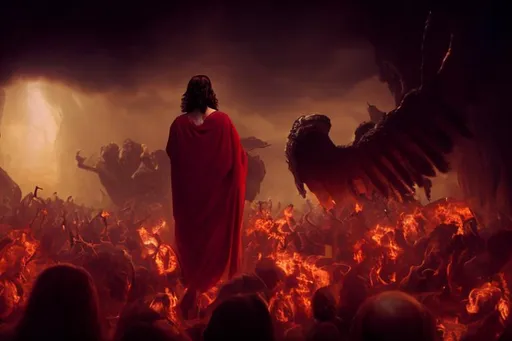 Prompt: Jesus walking in hell by Leonardo Di Vinci, photorealistic, extremely detailed, unreal engine, octane render, digital photography, cinematic, 8k resolution