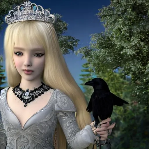Prompt: A beautiful silver-blonde princess with a heart-shaped face sits atop a black feather throne. There is a pet crow sitting with her. Black crows are c flying around the young princess. Physically based rendering. 