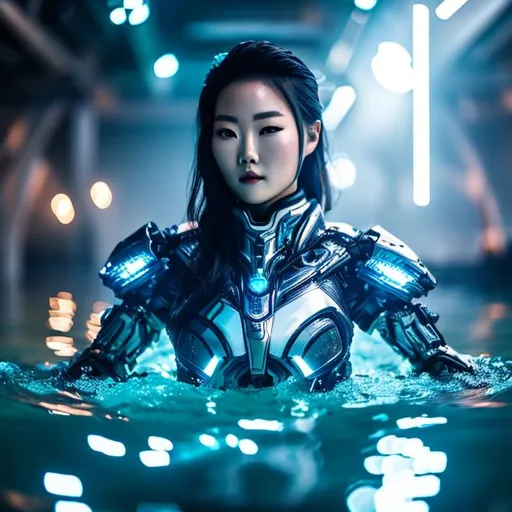 Prompt: beautiful centered Fine art photo portrait of Arden Cho as a solarpunk robotic humanoid treading on water, white mechanical parts with led lights, photorealistic, white background, highly detailed and intricate, sunset lighting, HDR 8k