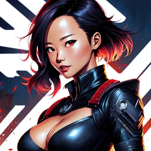 Prompt: Lee Kimsan art style, Jamie Chung, cyberpunk, comics style, female wearing black clothes, freedom, soul, digital illustration, watercolor, cel shading, perfect anatomy, short hair, wavy hair, centered, approaching perfection, dynamic, highly detailed, desaturated, artstation, concept art, smooth, sharp focus, illustration,