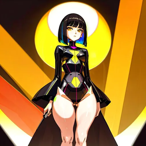 Prompt: a lonely AI girl, very tall, thick thighs, wide hips, long legs, slender waist, big beautiful symmetrical eyes, intriguingly beautiful face, aloof expression, bob haircut with bangs, colorful Cubism art style, 12K resolution, hyper quality, hyper-detailed, depth of field