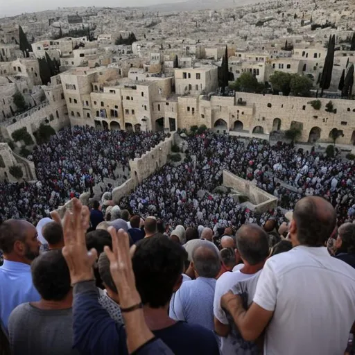 Prompt: The crowd below is a mix of grief, awe, and disbelief. People are gathered around, some weeping, others in silent contemplation. The surrounding landscape captures the essence of Jerusalem, with glimpses of the city walls and the sounds of bustling streets echoing in the distance.