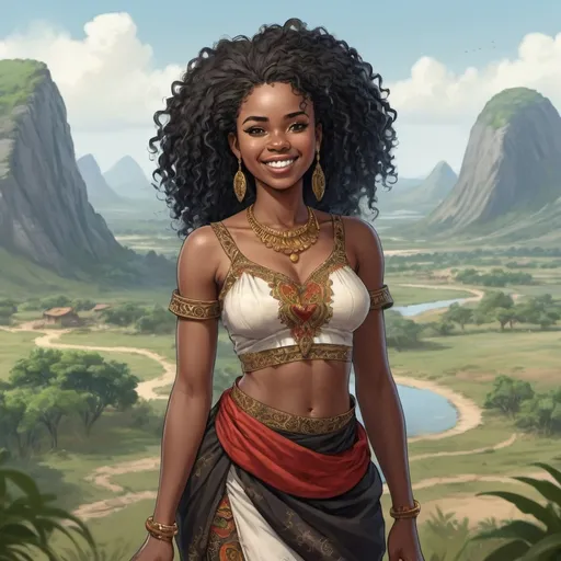 Prompt: Full body, Fantasy illustration of a angolan woman, 26 years old, amused expression, traditional garment, curly black hair, high quality, rpg-fantasy, detailed, angolan landscape background