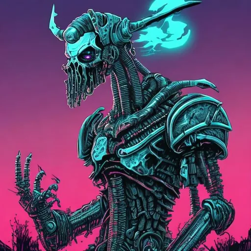Prompt: Synthwave draugr. Viking robot undead warrior. Norse Cybernetic Zombie Fighter.