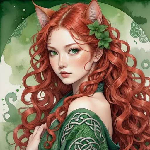 Prompt: Japanese ink art, full body view, Celtic woman with cat ears and tail, long red curly hair, detailed green eyes, detailed skin texture, detailed Japanese background, diffused lighting, delicate, artistic, beautiful, 