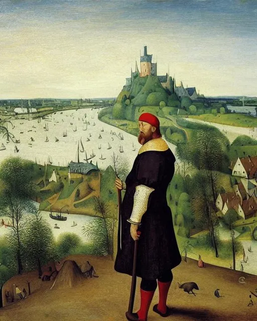 Prompt: Oil Painting of a Germanic king in medieval dress standing proudly on the beach of the Rhine. King watches the rhine. Landscape by Pieter Brueghel . Masterpiece.
