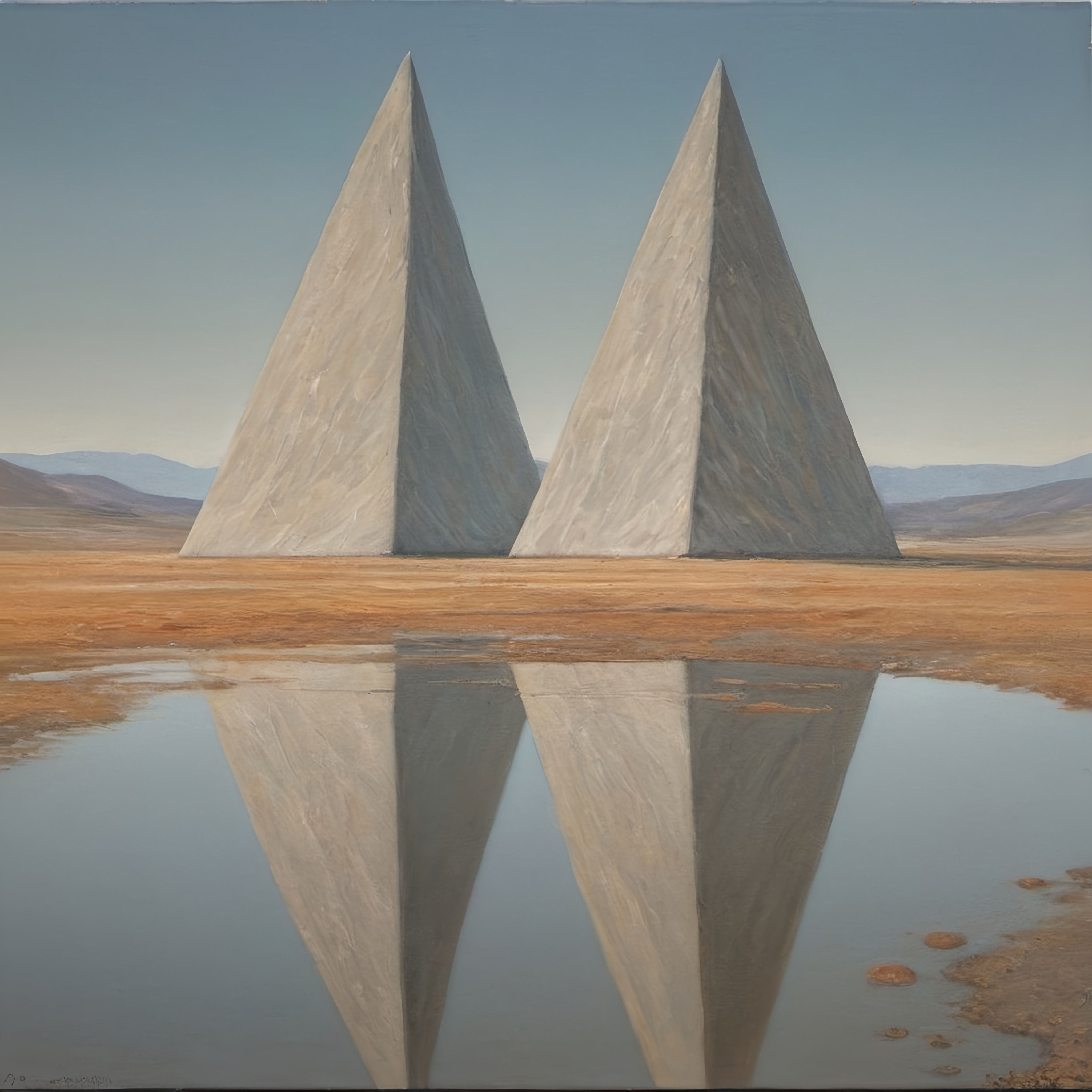 Prompt: a painting of two pyramids in a desert landscape with a lake in the foreground and mountains in the background, an ultrafine detailed painting