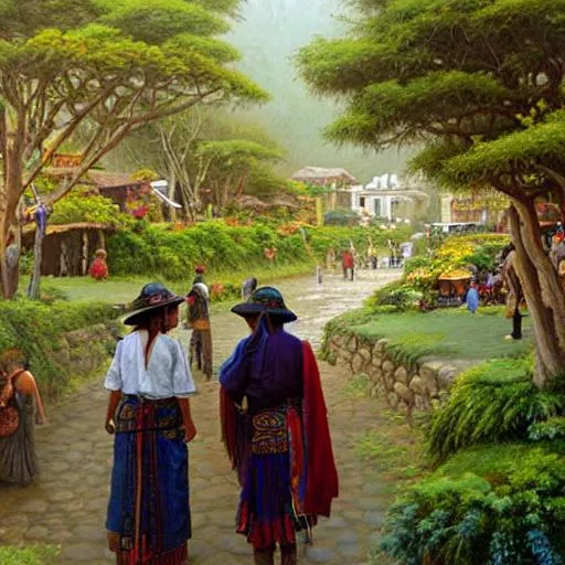 Prompt: a beautiful painting of an Andean Market, Incan Architecture with trees and vegetation, a couple people walking around, art by christophe vacher