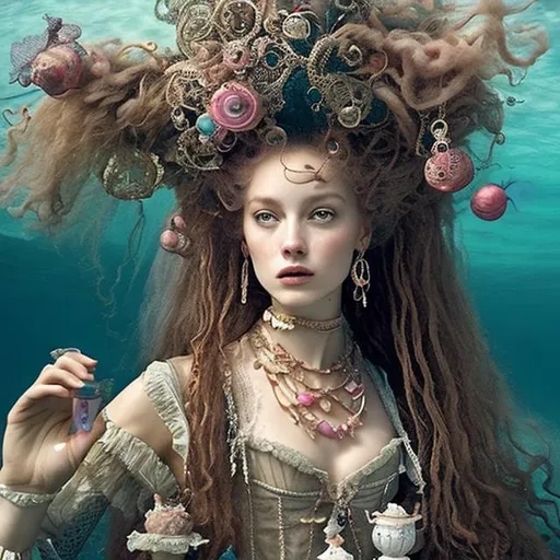 Prompt: woman in 16th century dress underwater tea party.  hair, elaborate hair, fabric, lace, bubbles. jewels, queen.  deep water.