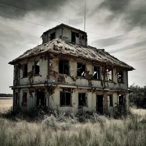 Prompt: abandoned outpost in the middle of the field