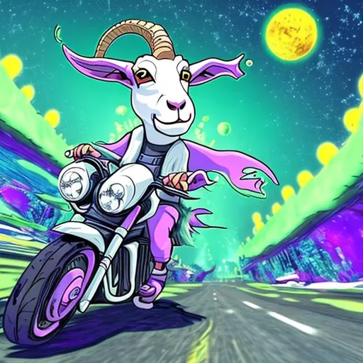 Prompt: cartoon goat on a motorcycle riding through future space acid trip