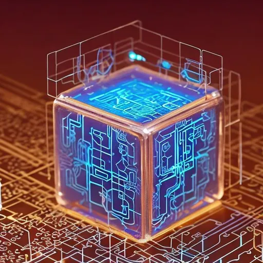 Prompt: "Imagine a small, metallic cube with intricate circuitry etched on its surface. It glows with a pulsating blue light, and its sides are adorned with tiny conductive nodes. The cube is encased in a transparent shell, revealing the mesmerizing dance of electric flux within."  then simplify to a sepia color set., and put the image on a yellowed parchment background background 
