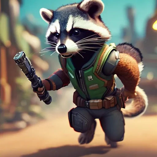Prompt: thumbnail, small cheeky rocket racoon, intricately detailed, bounty hunter, action shot.
