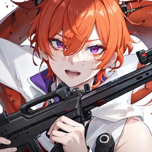 Prompt: Erikku male adult (short ginger hair, freckles, right eye blue left eye purple) UHD, 8K, Highly detailed, insane detail, anime style, covered in blood, psychotic, holding a shotgun pointing at the camera