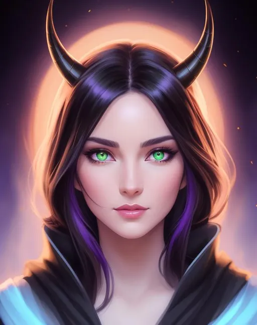 Prompt: {{{{highest quality concept art masterpiece}}}} digital drawing oil painting with {{visible textured brush strokes}}, 

Beautiful Horned Female Assassin Sorcerer With vibrant Green Eyes And midnight black Hair With Purple Highlights In A Black Cloak , Portrait, Character, Dungeons And Dragons, Digital Painting, Digital Illustration, Extreme Detail, Digital Art, 4k, Ultra Hd, Fantasy Art, Anna DittmannInsanely, Digital Art, Art Station, Concept Art, HD, 8k Resolution, Fantasy Art, Detailed Matte Painting, Deep Color, Fantastical, Intricate Detail, Splash Screen, Complementary Colors, Fantasy Concept Art, 8k Resolution Trending On Artstation Unreal Engine 5

epic fantasy, 
perfect anatomy in perfect composition approaching perfection, 

hyperrealistic intricate mirrored room in background, 
  
cinematic volumetric dramatic 
dramatic studio 3d glamour lighting, 
backlit backlight, 
128k UHD HDR HD, professional long shot photography, 
unreal engine octane render trending on artstation, 

sharp focus, 
occlusion, 
centered, 
symmetry, 
ultimate, 
shadows, 
highlights, 
contrast