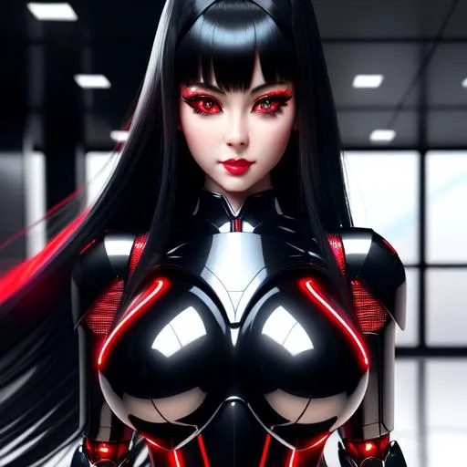 Prompt: Hyperrealistic detailed full body of feminine ((sexy robot woman)) who has ((red eyes)) and ((synthetic black hair)) with ((sexy outfit)) with deep cleavage, reflective metal, overpowering posture and face expression, highly detailed, Trending on artstation, HD quality, ((huge breast)), ((sexy)), sharp focus, professional, UHD, HDR, 8K, Render, Front low view, Canon, 24mm, Spotlight lighting