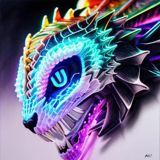 portrait of a roaring neon skeleton dragon with fang...