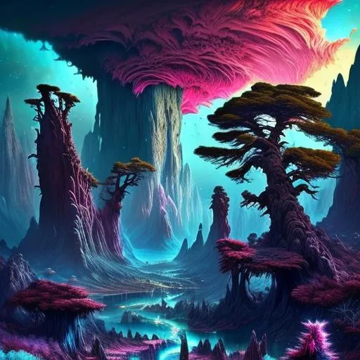 Prompt: Highly detailed fantasy planet landscape, clouds, stars, planets, waterfalls, nebulae, mystical, light shafts, massive storm cell on horizon, ancient trees, magenta-pink, green-cyan, dark-magenta, electric-blue, trending on artstation, beautiful, tonemapping, fantasy art, digital painting, hyperrealism, hyperdetailed, landscape, photorealistic, dramatic lighting, ray tracing, path tracing, vibrant, full shot