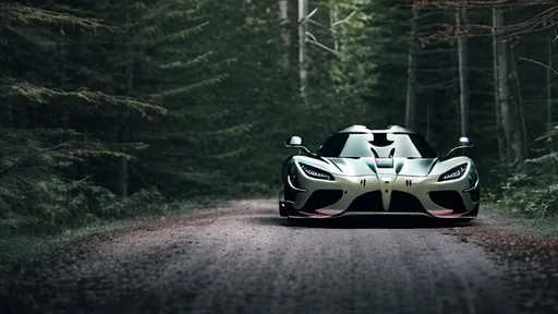 Prompt: koenigsegg regera wide body heavily modified at illegal meet, dark and shadowy background, in the Canadian forest, 30 minutes after sunset, long depth of field.