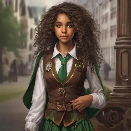 Prompt: elf girl, brown skin, green eyes, curly hair, youthful,  steampunk school uniform with cloak, hyper realistic, photo realism, beautiful details