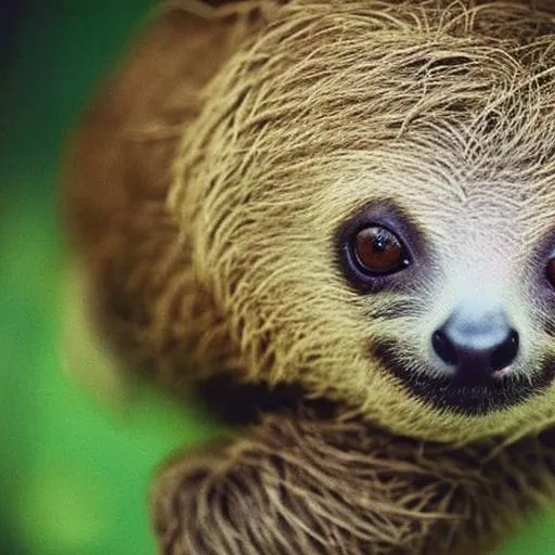 Prompt: POV polaroid photo, of a baby sloth, cinematic lighting, in the jungle, 24mm Canon