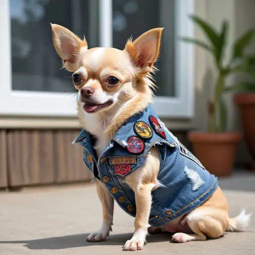 Prompt: Chihuahua wearing a heavy metal music denim vest with patches