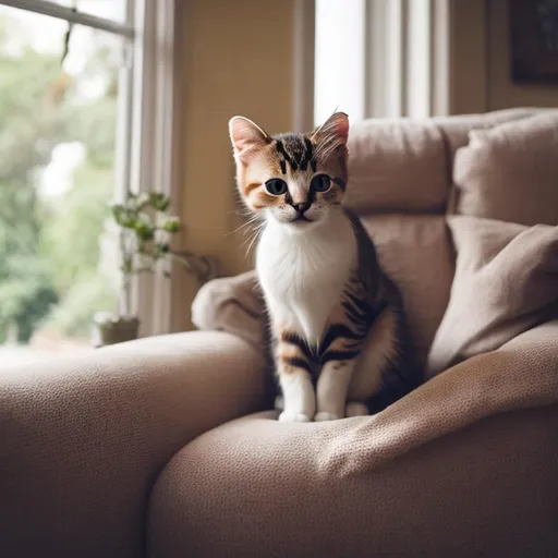 Prompt: Cute cat sits on a sofa and looks up