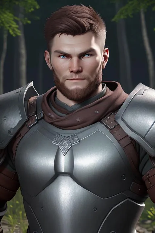 Prompt: Digital art, DreamShaper V1, a 21-year-old viking man, subtle smile, round head, round face, short dark brown hair, brown hair, muscular, viking forest, green gear, silver armor, light green eyes, Tidal Class seal on chest armor, unreal engine 8k octane, 3d lighting.