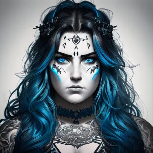 Prompt: a painting of a heavyweight woman with neon blue long wavy hair,  round face, chubby face, by Luis Royo, amy sol in the style of, neon color scheme art rendition, annoyed expression, tattoos, detailed facial structure, (((barbarian))), (((warrior))), black and white artwork, idealised, pastel drawing, digital art of an elegant, artgram, female water elemental, pinterest anime, charli bowater and artgerm