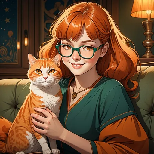 Prompt: tarot card Anime illustration, a copper-haired bangs woman, big thick frame green glasses ,shiny brown eyes, smug smile, detailed casual cloth , dramatic lighting,laid on sofa,orange cat