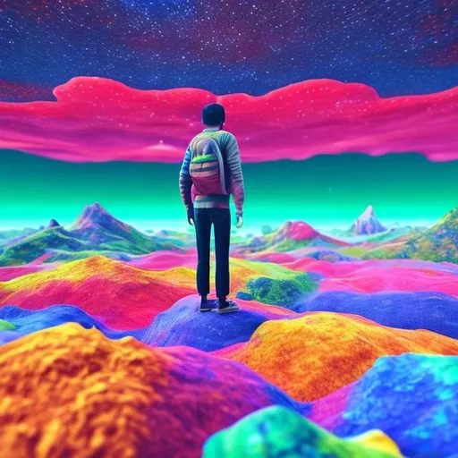 Prompt: A single human standing on the of the world which is a simulation. Has to be colourful.